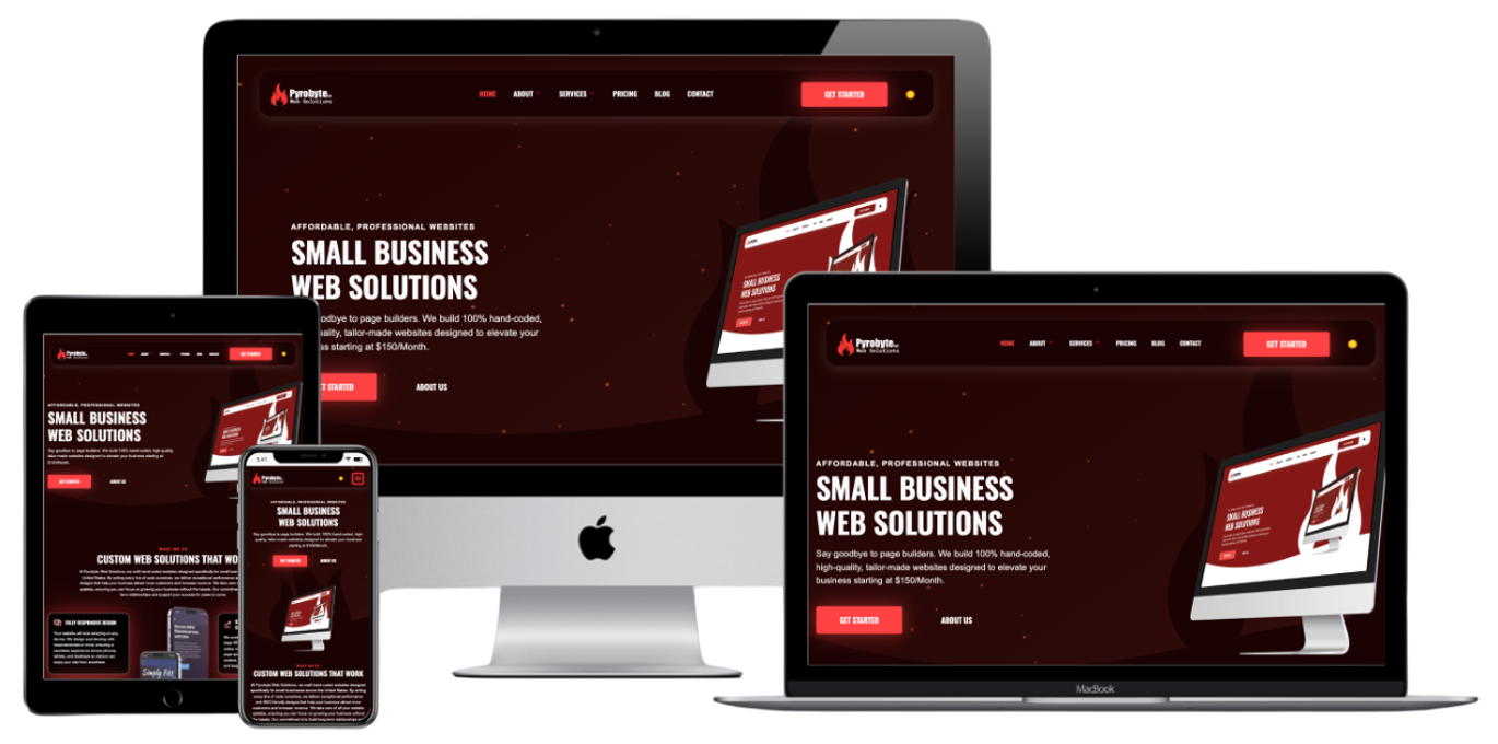An image mockup of the pyrobyte website on a phone, tablet, laptop, and desktop.