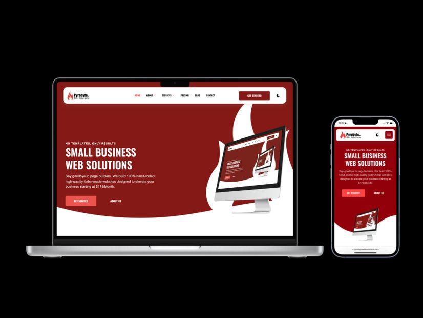 Pyrobyte website mockup on a laptop and phone